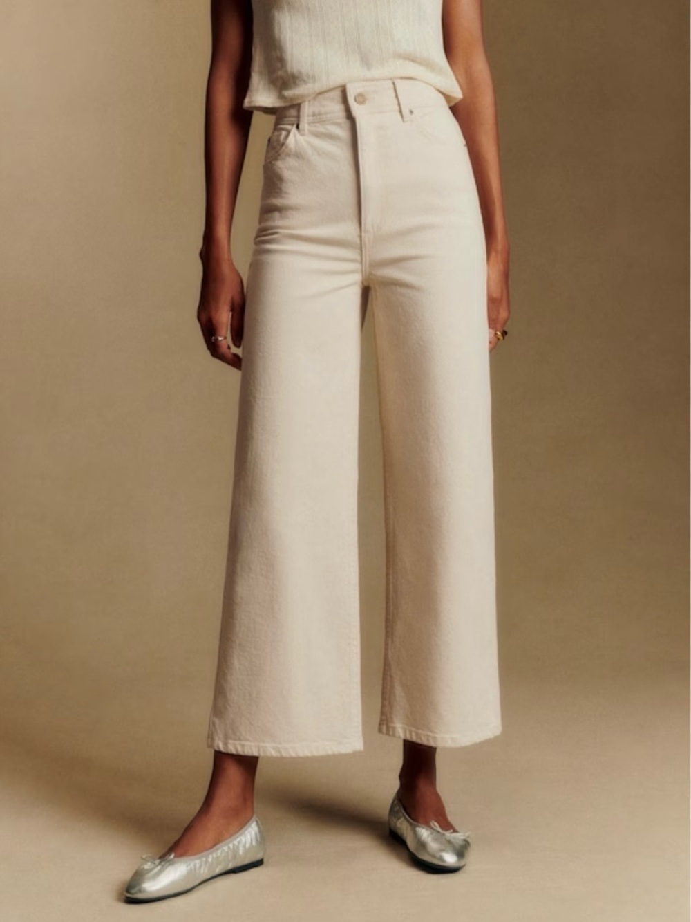 Sezane Cream Wide-Leg Cropped Jeans